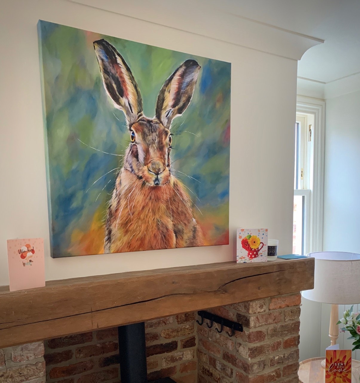 Yorkshire Hare. Vicki Davidson Art. Hare artwork. Painting above fireplace