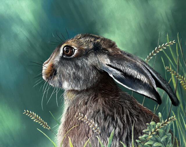 Pastel hare with green background