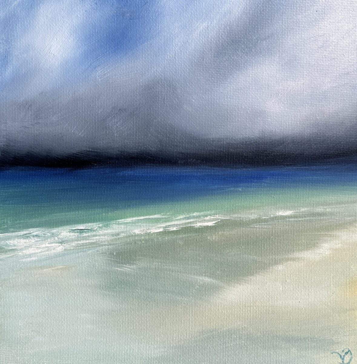 Original seascape painting of turquoise water, white sand and distant hills