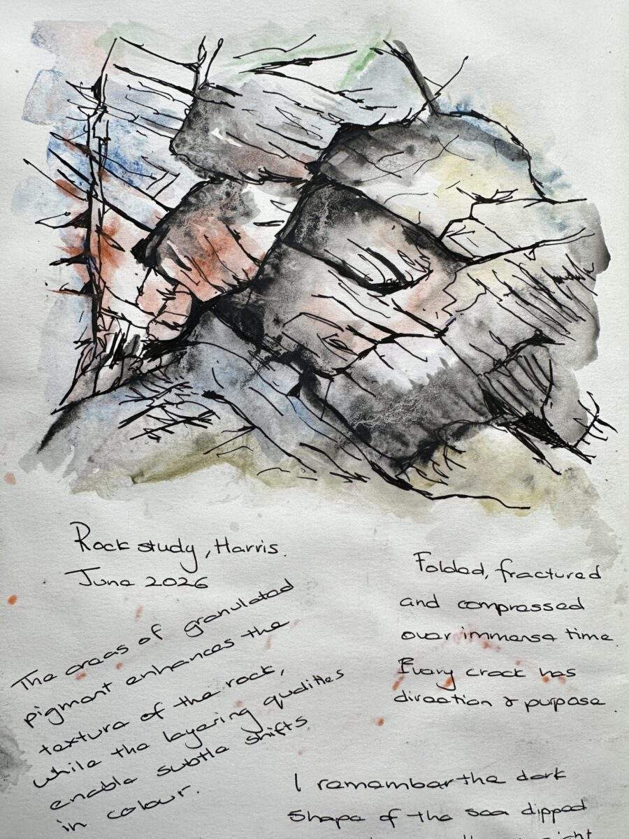 Page from artist's sketchbook showing Hebridean sea rocks