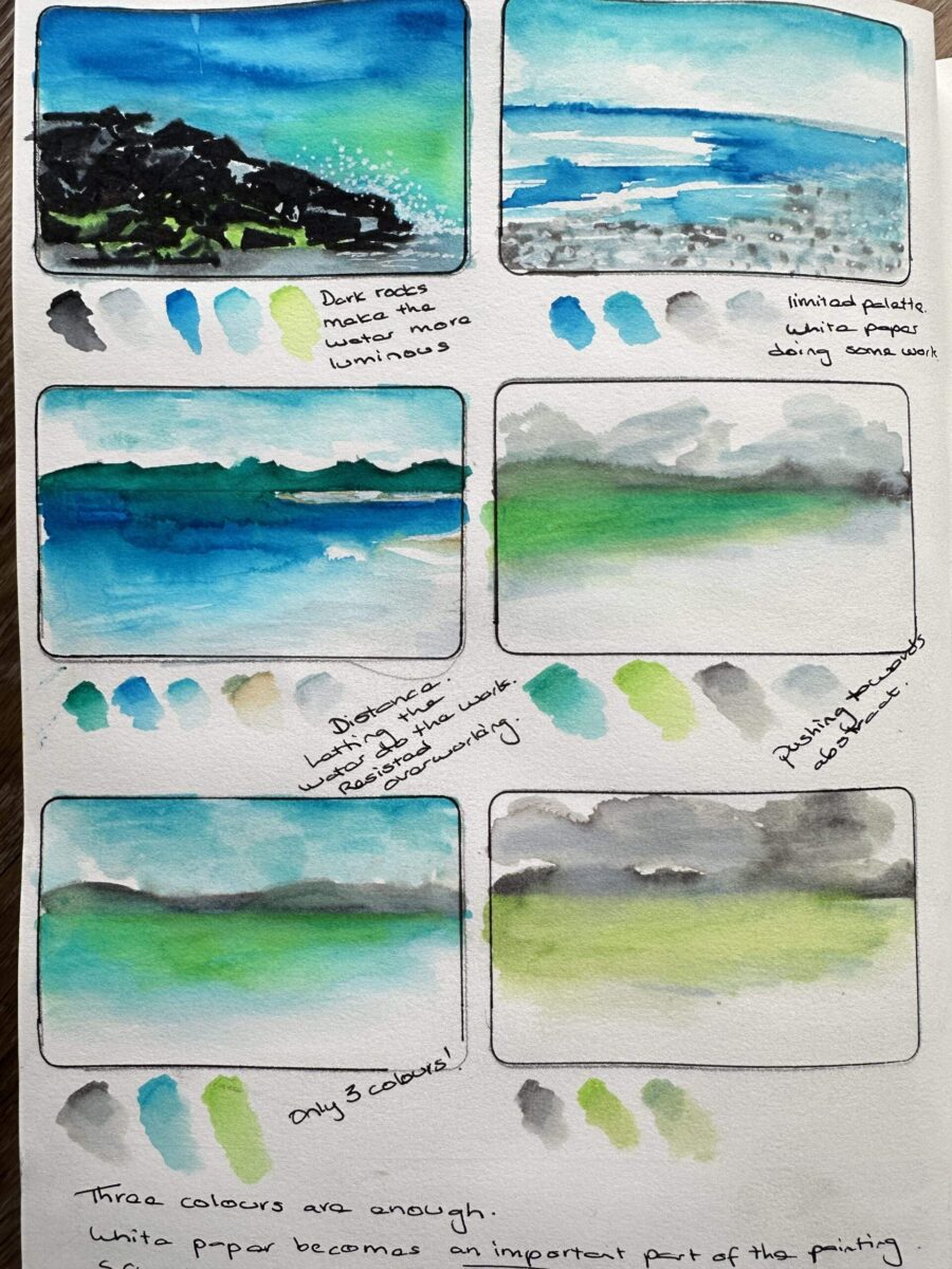 A page from artist's sketchbook showing thumbnail sketches of Hebridean seascapes